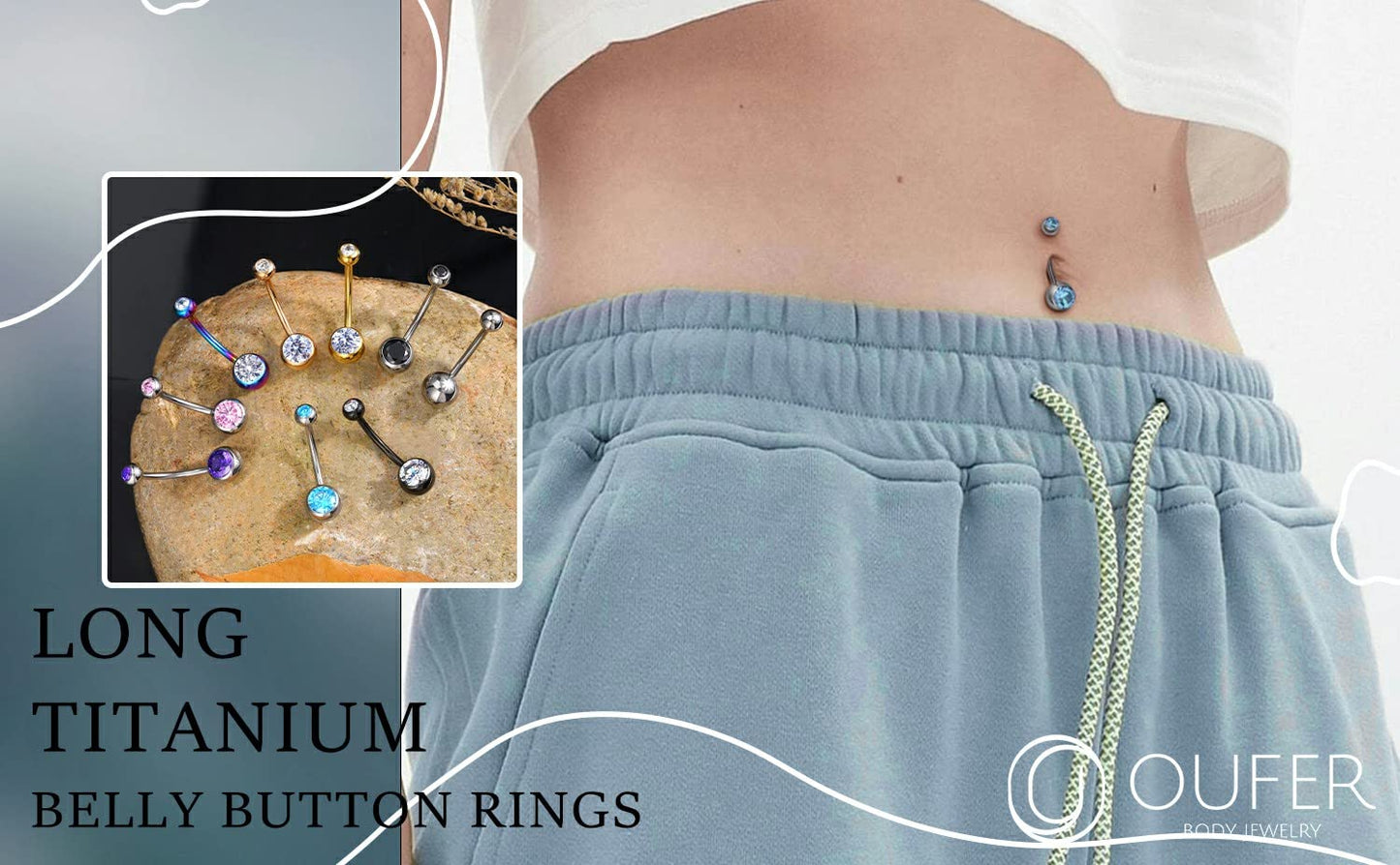 OUFER Titanium Belly Button Rings, Internally Threaded 14mm Long Belly Ring, Round CZ Navel Rings for Women Men n(Blue)