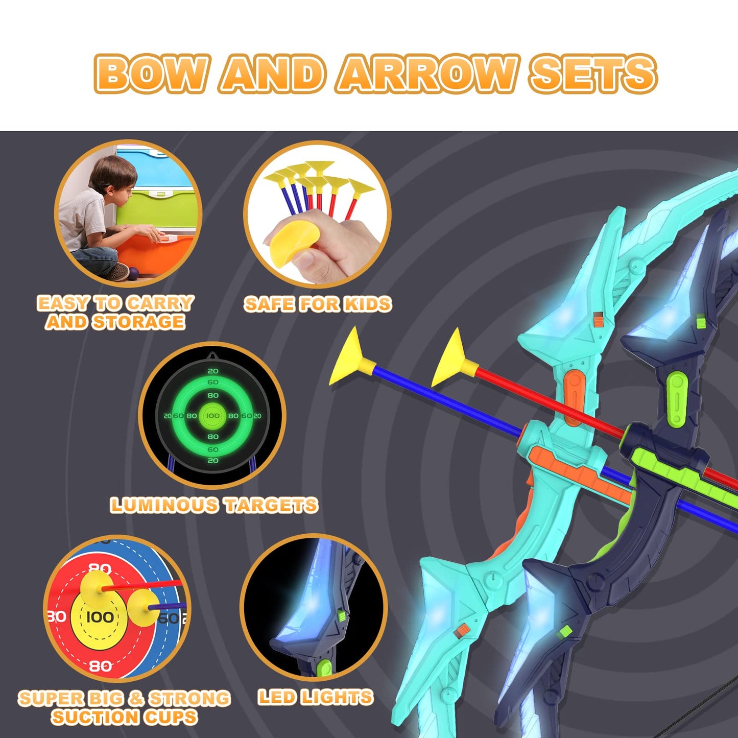 Kmuxilal 2 Pack Kids Bow and Arrow Set with LED Flash Lights, 14 Suction Cup Arrows and Fluorescence Standing Target-Perfect Indoor and Outdoor Game Archery Set Toy Gift for 4 5 6 7 8-12 Year Old Boys