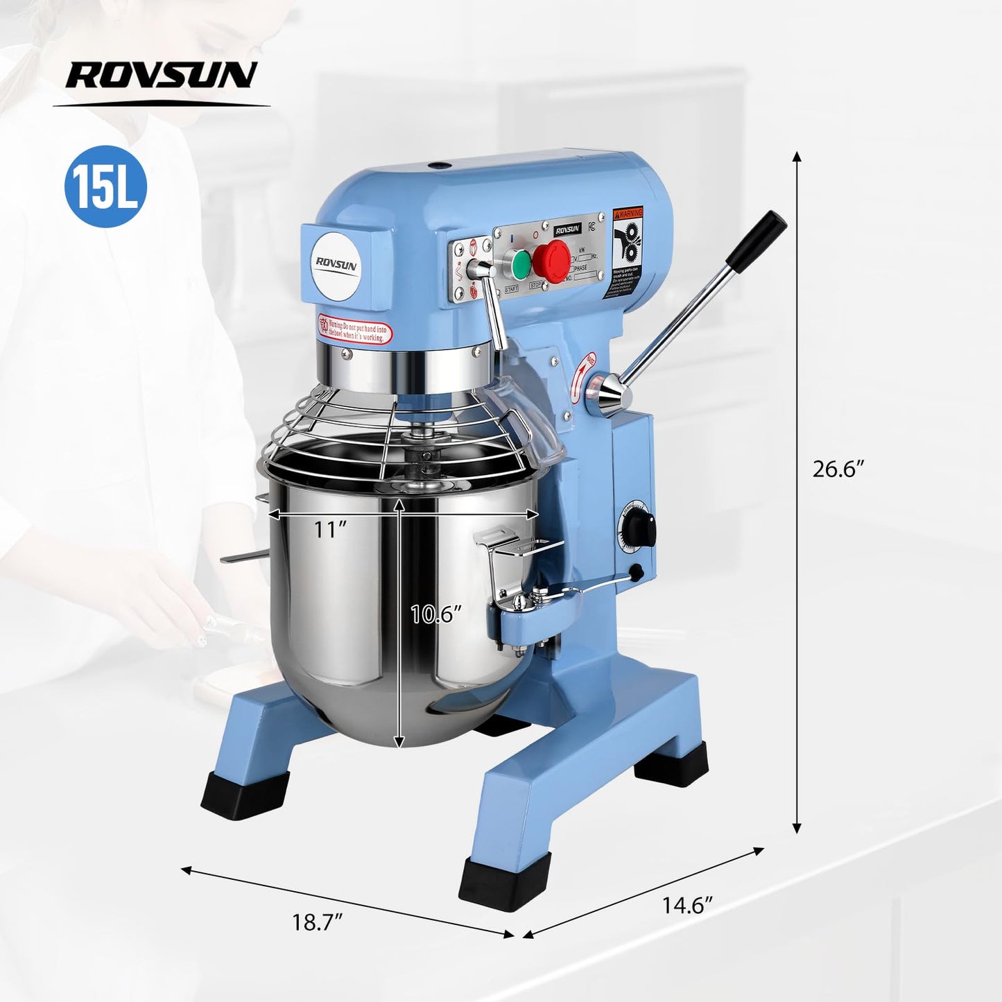 ROVSUN 15QT Commercial Food Mixer, 550W Electric Commercial Dough Mixer with 3-Speeds Adjustable, Heavy Duty Commercial Stand Mixer with Stainless Steel Bowl for Bakery Pizzeria Restaurants, Blue