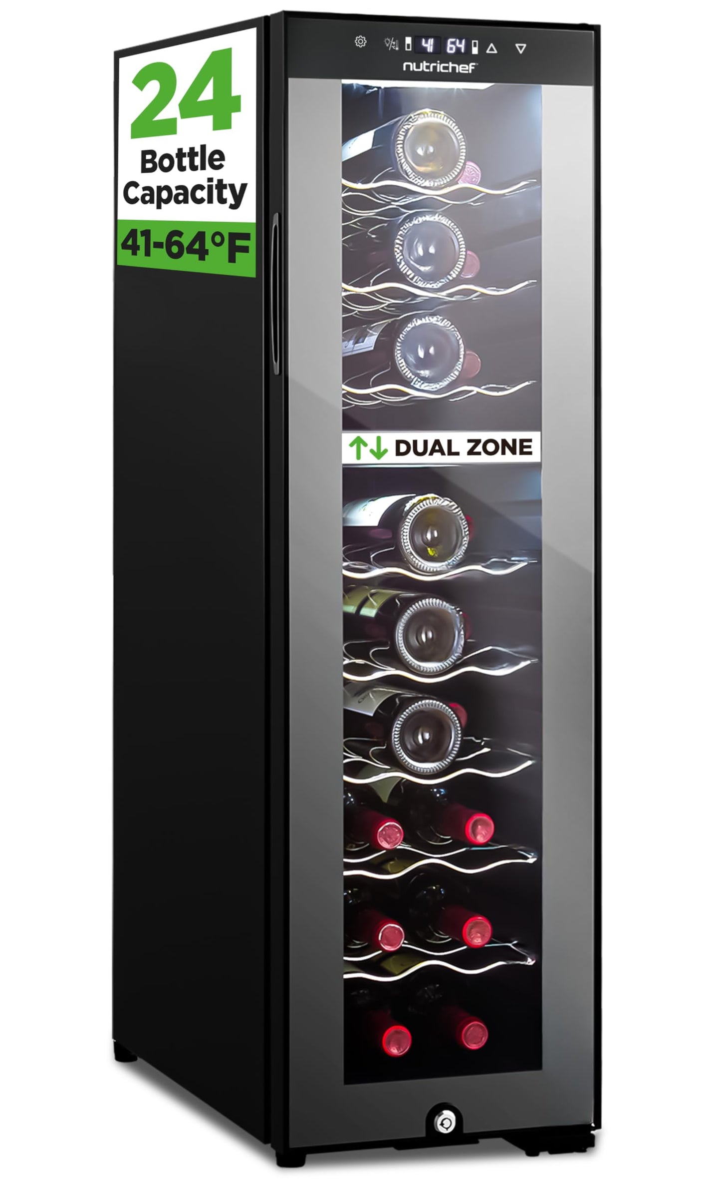 Nutrichef 24 Bottle Wine Fridge - Dual Zone Wine Chiller, Adjustable Temperature 41°F to 64°F, Ultra Quiet Operation, Free Standing Wine Cooler For Home, & Office, 39 x 11 x 26 IN (Black)