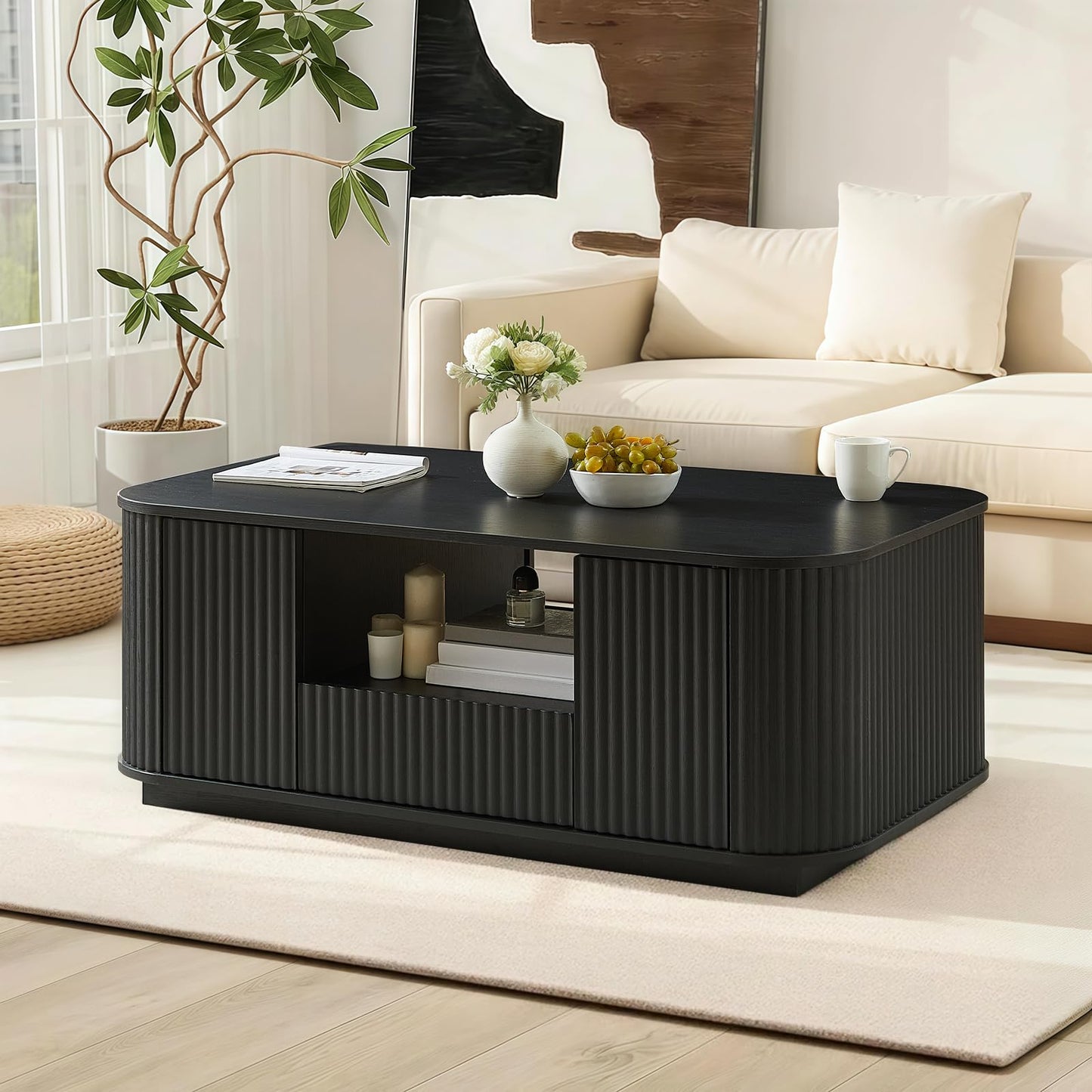 SZTHHDF 46.5" Coffee Table with Storage, Mid Century Modern Coffee Table with Drawer Wave Pattern Center Table with Door for Living Room, Office, Apartment, Black
