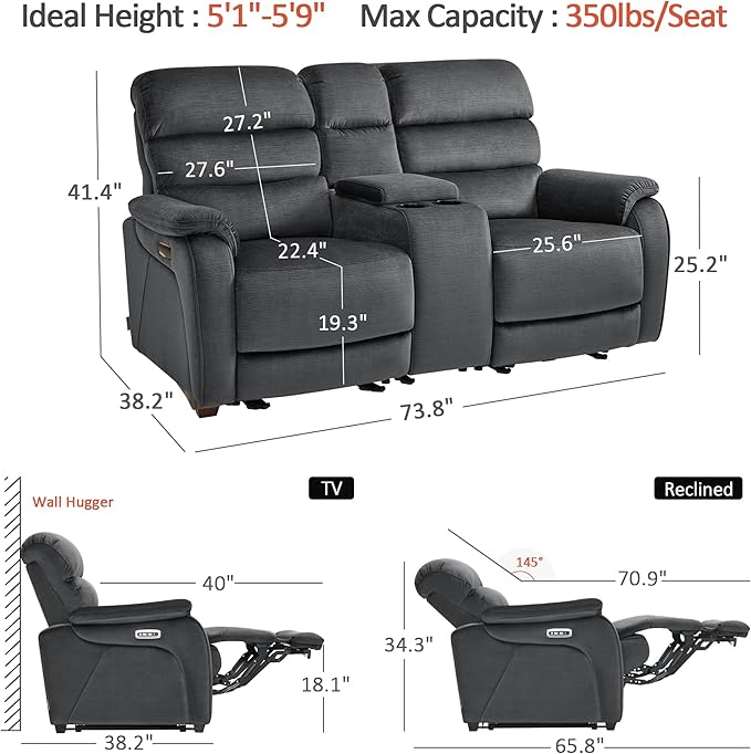 MCombo 73.8'' Wall Hugger Power Loveseat Recliner, Reclining Loveseat with Console, Adjustable Headrest, USB Charge Ports, Cup Holders, for Living Room, RVs, Small Spaces, Fabric ST258M2 (Dark Grey)