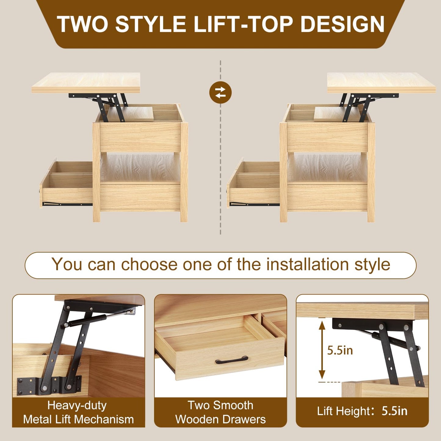 SYESWAY 40'' Lift Top Coffee Table, 4-in-1 Multifunctional Lift Coffee Table with Storage & Hidden Compartments, Farmhouse Coffe Table with Lifting top for Living Room, Dining Reception Room, Wood