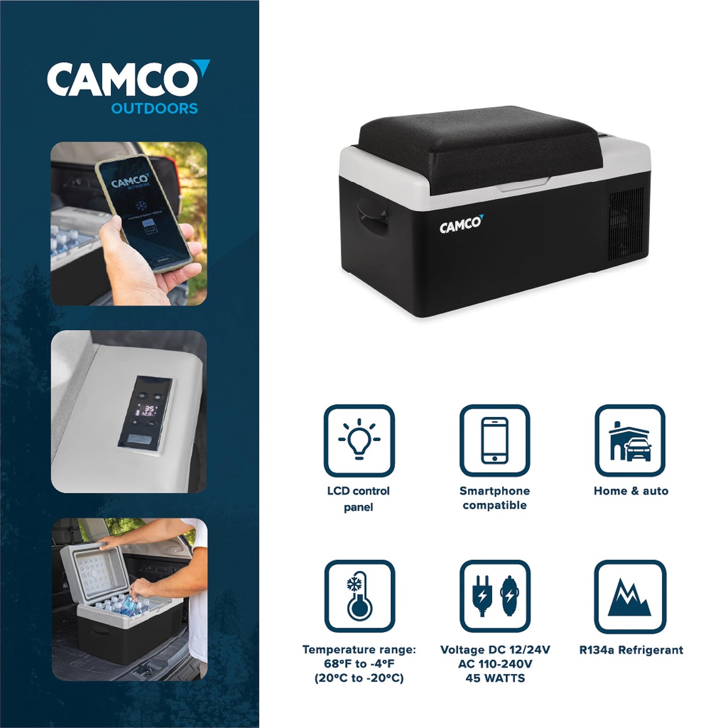 Camco CAM-200 AC 110V DC 12V 20 Liter Portable Compact Refrigerator w/Single Zone Cooling/Freezing and Vehicle Outlet Cables for Camping & Road Trips