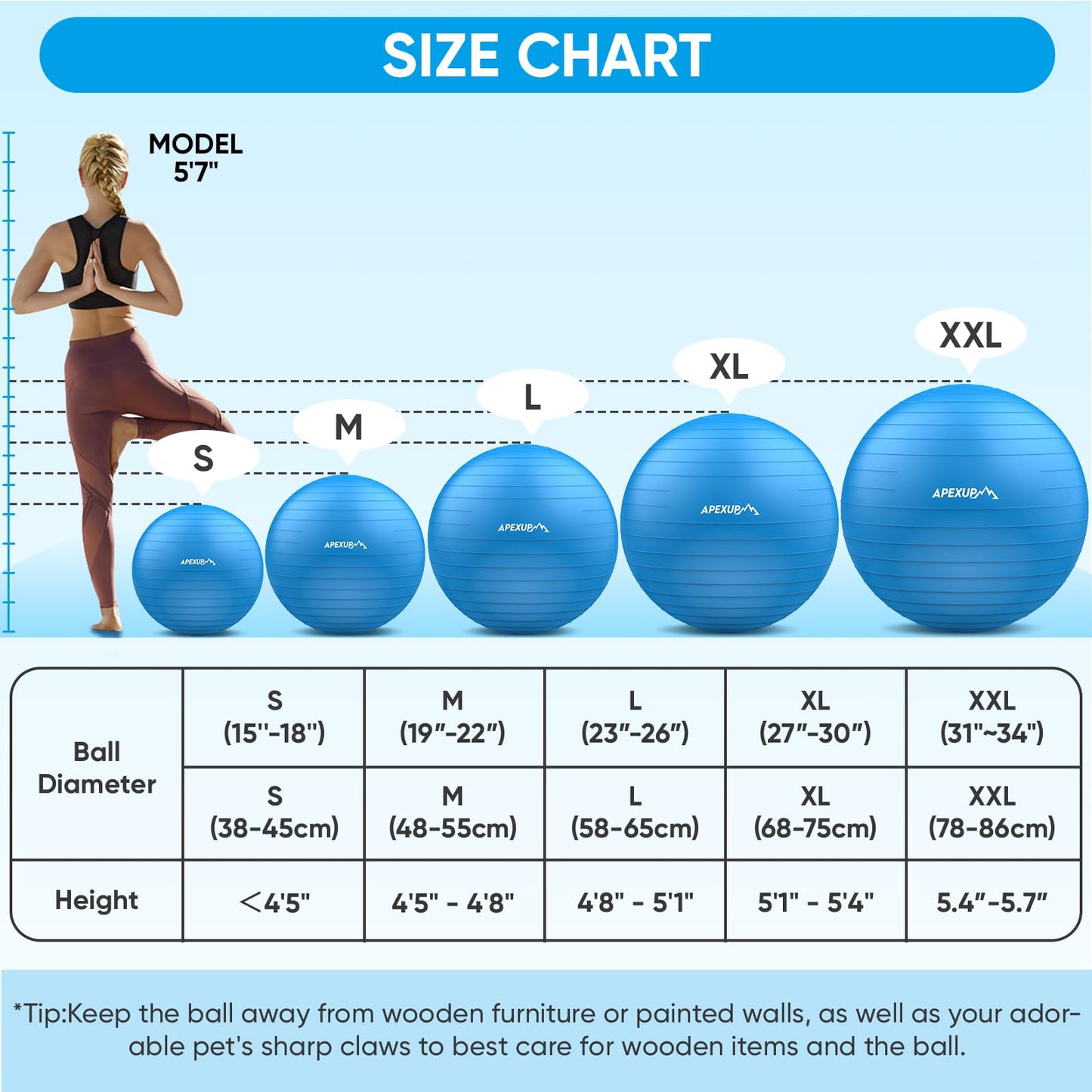 APEXUP Yoga Ball Exercise Ball, Anti Slip Stability Ball Chair, Heavy Duty Large Gym Ball for Fitness, Balance, Core Workout and Physical Therapy (M (19"~22'') 55cm, Blue)