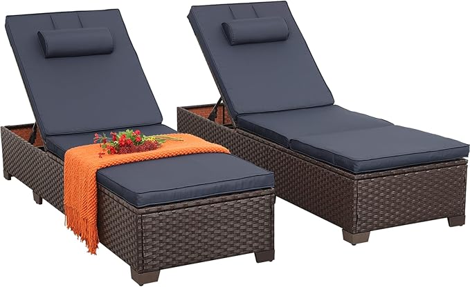Rattan Star Outdoor Chaise Lounge Set of 2 Brown Wicker Patio Chaise Lounge Chairs Pool Lounge Chairs Multi-Angle Adjustable Backrest with Blue Cushions and Headrest