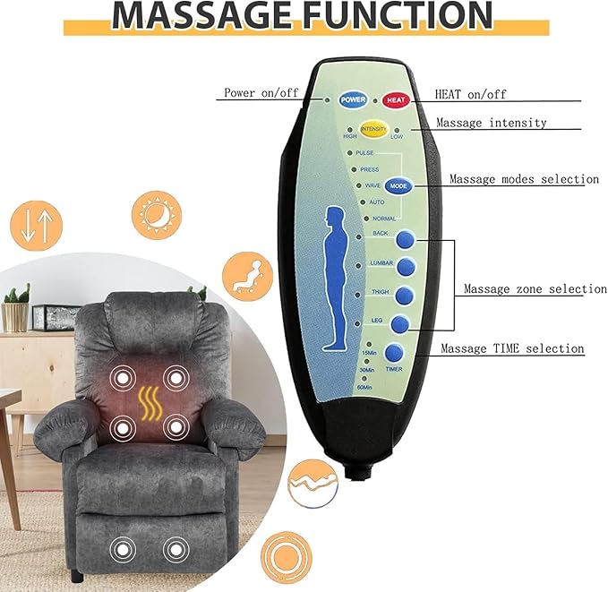 Pushback Massage Recliner Chair with Heat, Fabric Heated Small Massaging Reclining Chair Single Sofa for Adults, Overstuffed Push Back Manual Recliner for Living Room,Grey