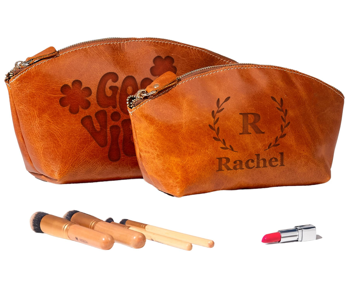 Luxury Personalized Leather Makeup Bags Crafted in USA, Full-Grain Leather Cosmetic Bag Engraved Name Initials or Logo, Birthday Anniversary Christmas Gift or Mother Gift, Italian Zipper, Make-up Purse for Women