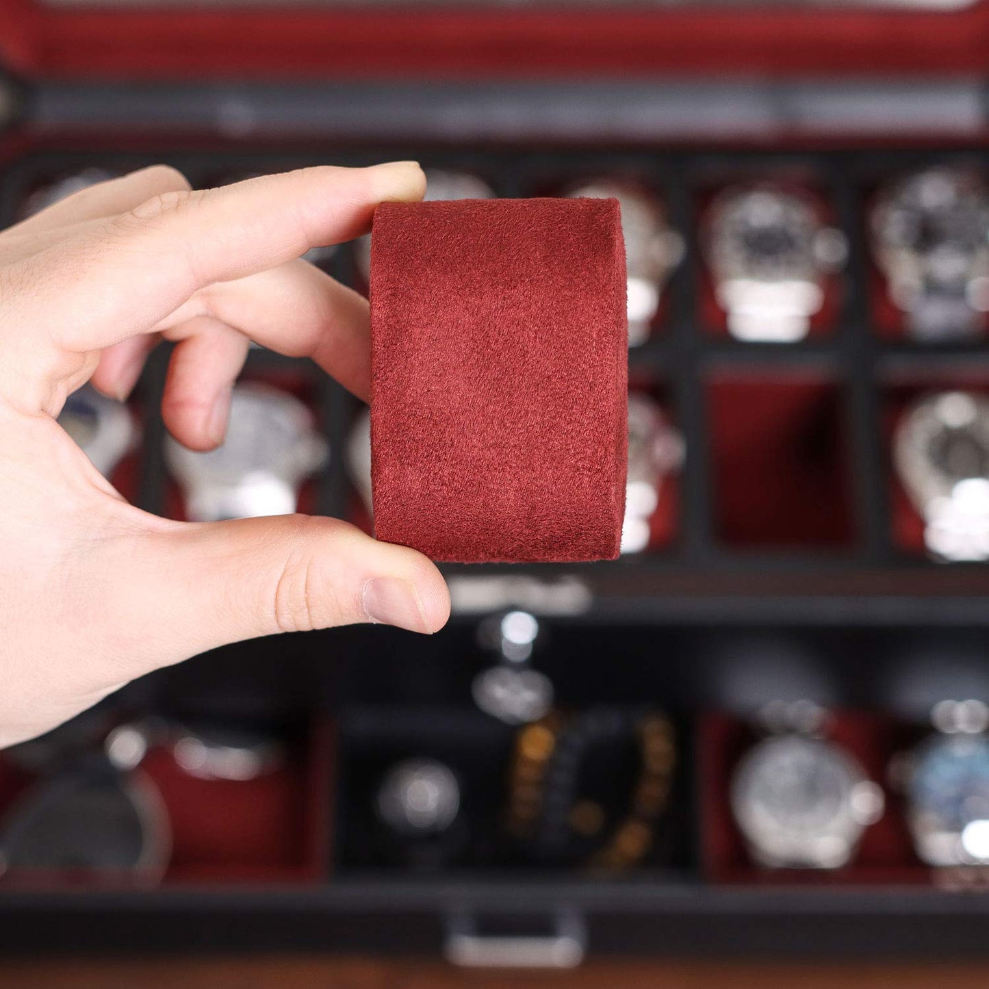 ROTHWELL 12 Slot Leather Watch Box with Valet Drawer - 12 Slot Luxury Watch Case Display Organizer, Microsuede Liner, Mens Accessories Holder, Jewelry Case, Jewelry Display Organizer - Black/Red