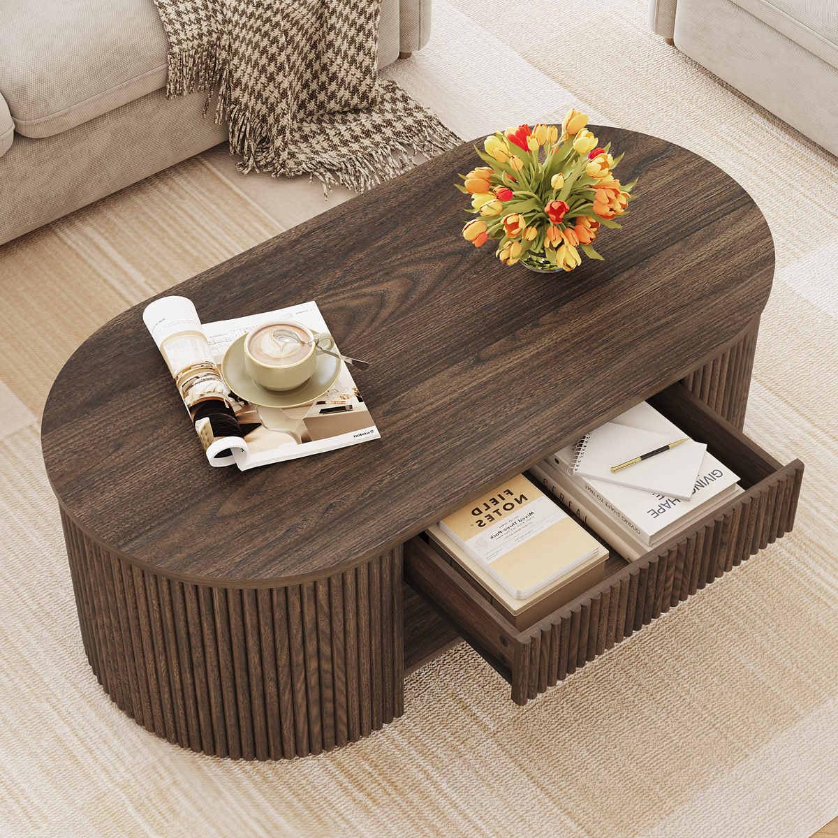 FATORRI Coffee Table with Storage, Mid Century Modern Wood Fluted Center Table with Shelf, Oval Coffee Tables with Drawer (Dark Walnut, 43.31 Inch)