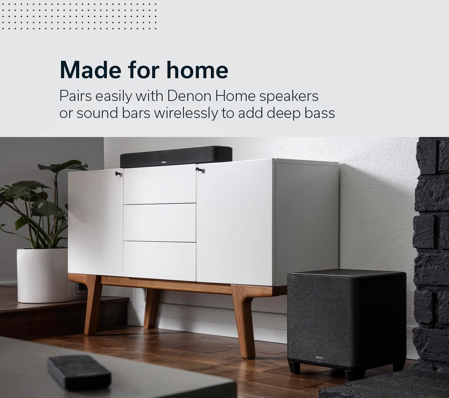 Denon Home Subwoofer – Home Theater Subwoofer with Deep, Powerful Bass, 8" Bass-Reflex Woofer, Wireless Streaming, Pair 150/250/350 Speakers & Sound Bar, Multi-Room Support, Black