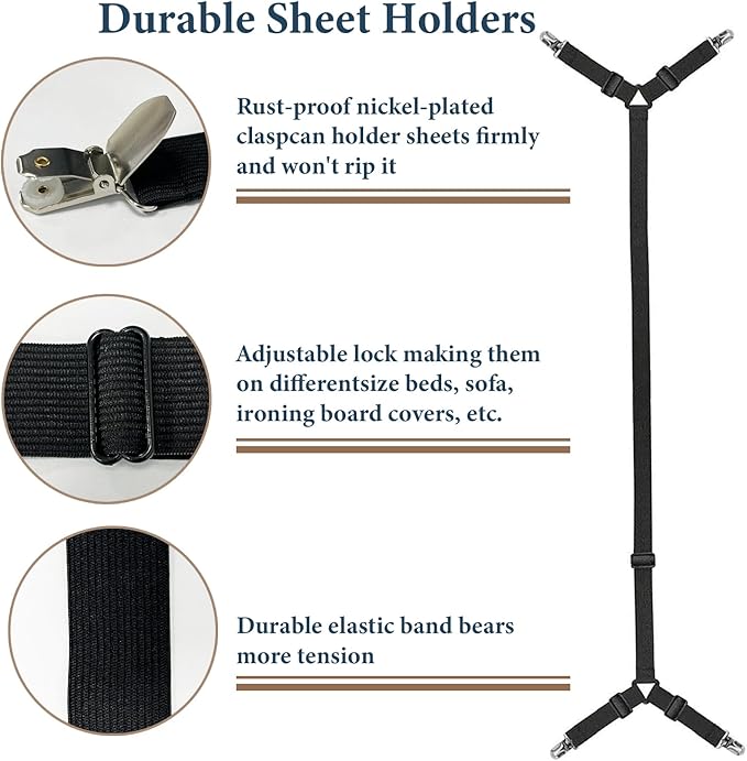 Bed Sheet Straps, Adjustable Durable Bed Sheet Holder Straps with Metal Clips, Elastic Sheet Holders Keep Sheets Firm & Tight 2PCS Black