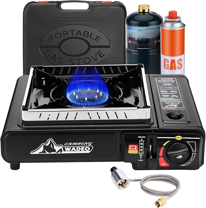 WADEO Dual Fuel Portable Camping Stove with Propane Regulator Hose, Portable Gas Stove Windshield Camp Stove for Camping H...