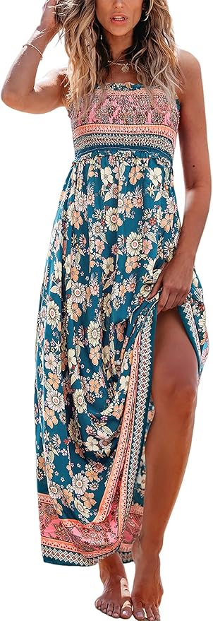 CUPSHE Women's Maxi Dress Ditsy Floral Smocked Summer Sundress Sleeveless Ruffled Spaghetti Straps Long Beach Formal Dress