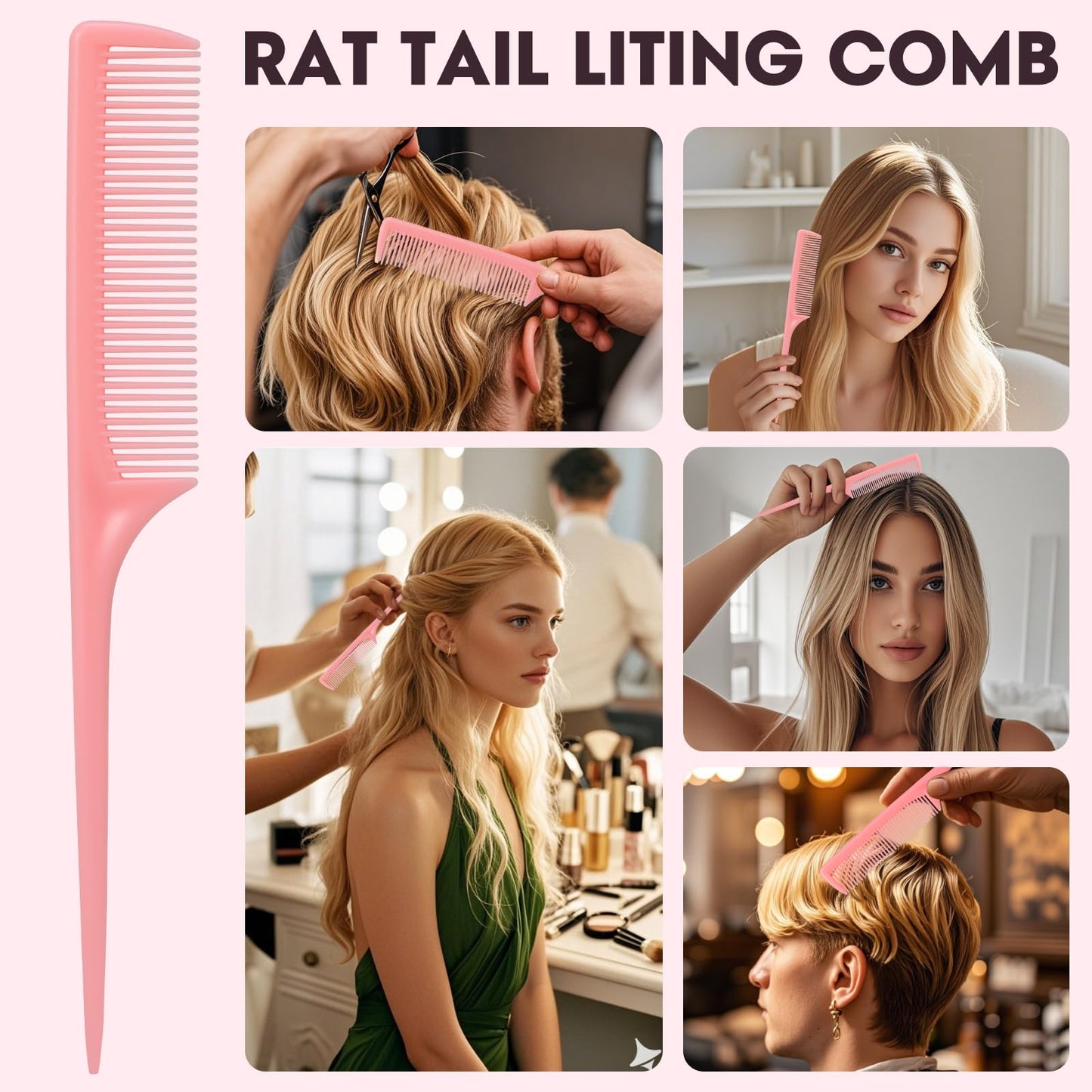 Rat Tail Comb Set-3Pcs Rat Tail Hair Teasing Fine Tooth Combs for Women Girls, Parting &Hair Styling Tools(Pink Purple Green)