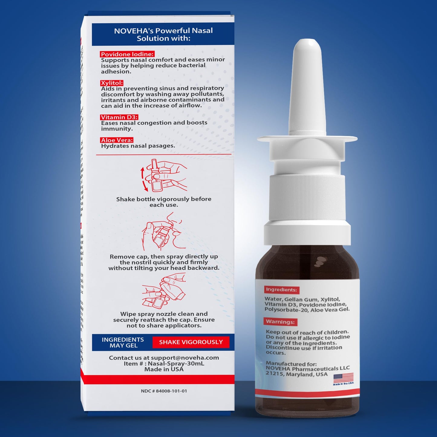 NOVEHA Iodine Nasal Spray - Nose Spray for Humans - Cleanses & Refreshes Nasal Passages - with Vitamin D3 & Aloe Vera - Natural Daily Nasal Cleanser - Made in USA - 30mL