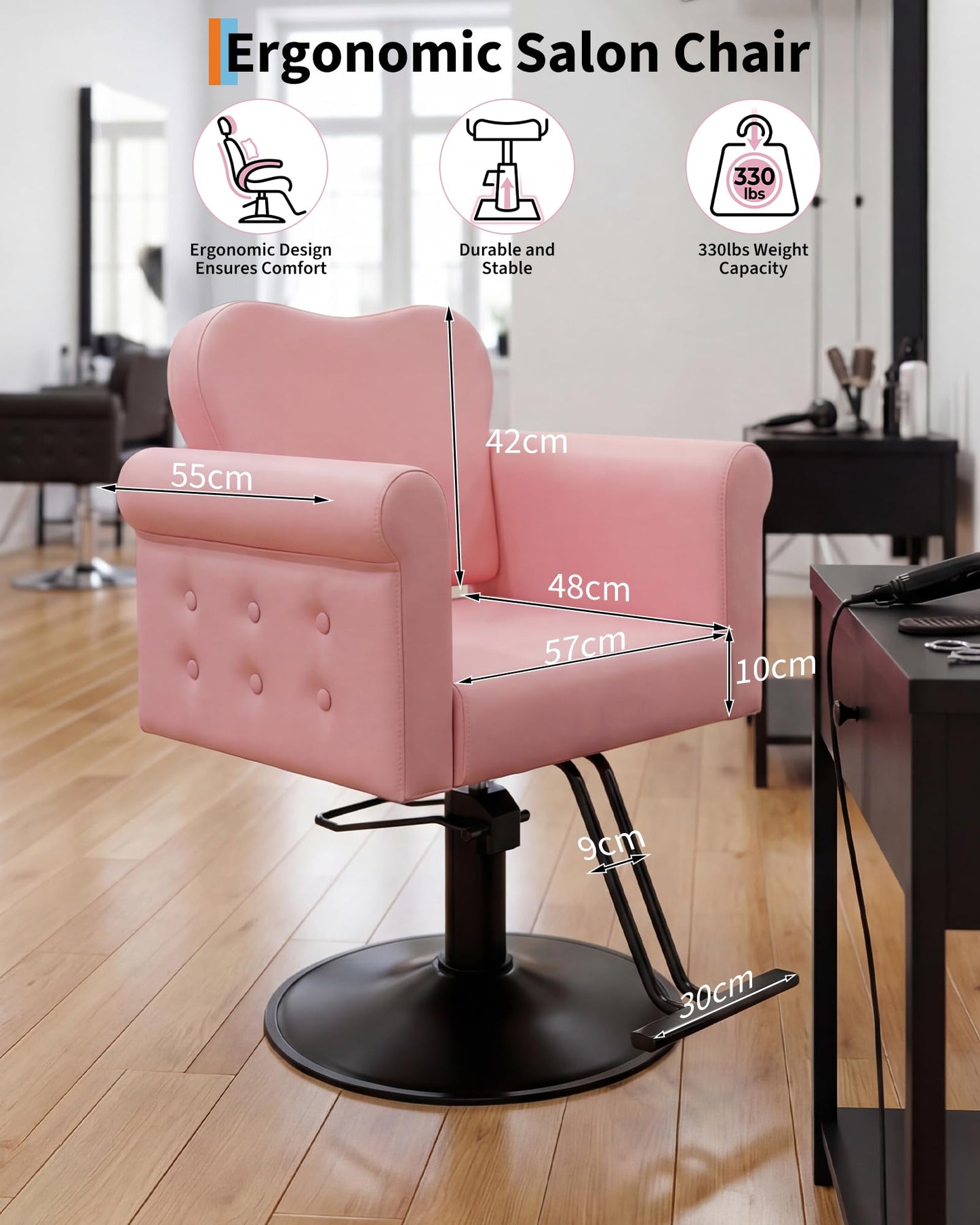 Salon Chair for Hair Stylist, Barber Hair Styling Chair with Height Adjustable Hydraulic Pump, 360 Degrees Swivel with Lock, High-Density Foam & PU Leather for Beauty, Max Load Weight 330 Lbs- Pink