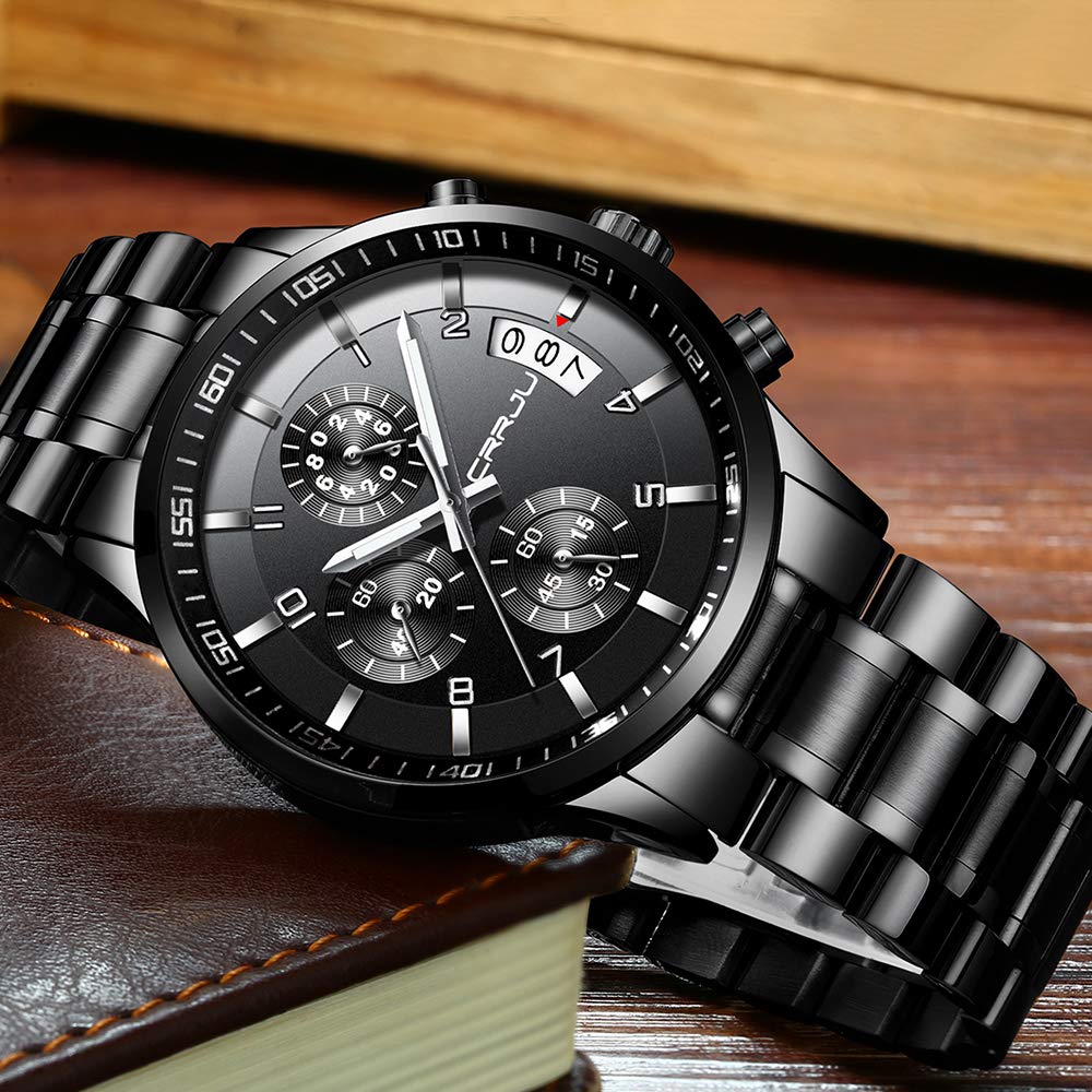 CRRJU Men's Black Watch Fashion Business Chronograph Quartz Wristwatches,Luxury Stainsteel Steel Band 3ATM Waterproof Watch for Men
