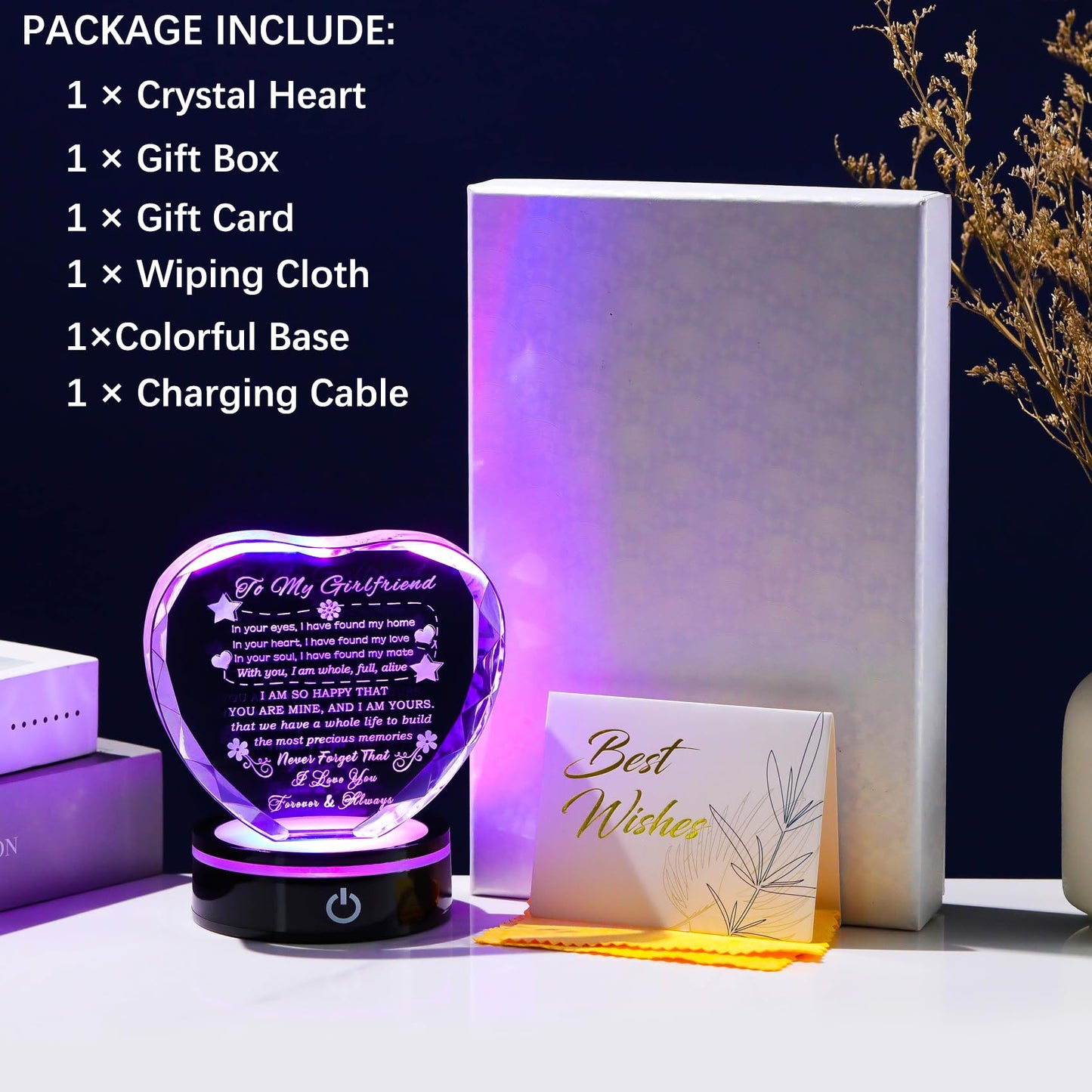 YWHL Gifts for Girlfriend with Colorful Base Romantic Heart Crystal Keepsakes to My Girlfriend Gifts from Boyfriend on Birthday Anniversary I Love You Gifts for Her