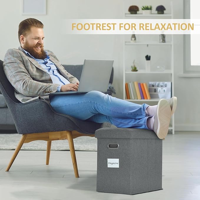 Emosoon Tall Ottoman with Storage Collapsible Fabric Small Slim Folding Ottoman Furniture with Handles Lid for Room Footrest Foot Stool Linen Grey 16.5x16.5x11.8in
