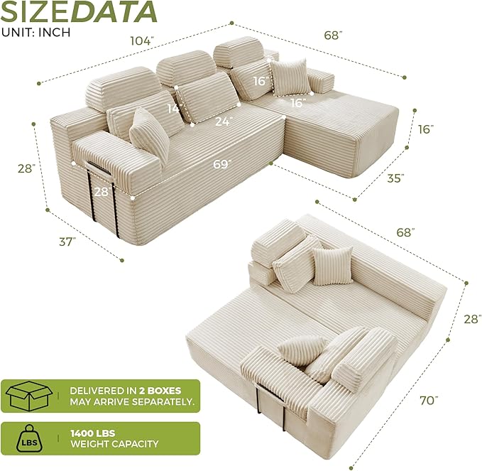 104" L-Shaped Cloud Modular Sectional Sofa with Chaise & Headrest, Boneless Deep Seat Plush Corduroy Couches for Large Living Room, No Assembly Required (White, 104" L-shapred Chaise)