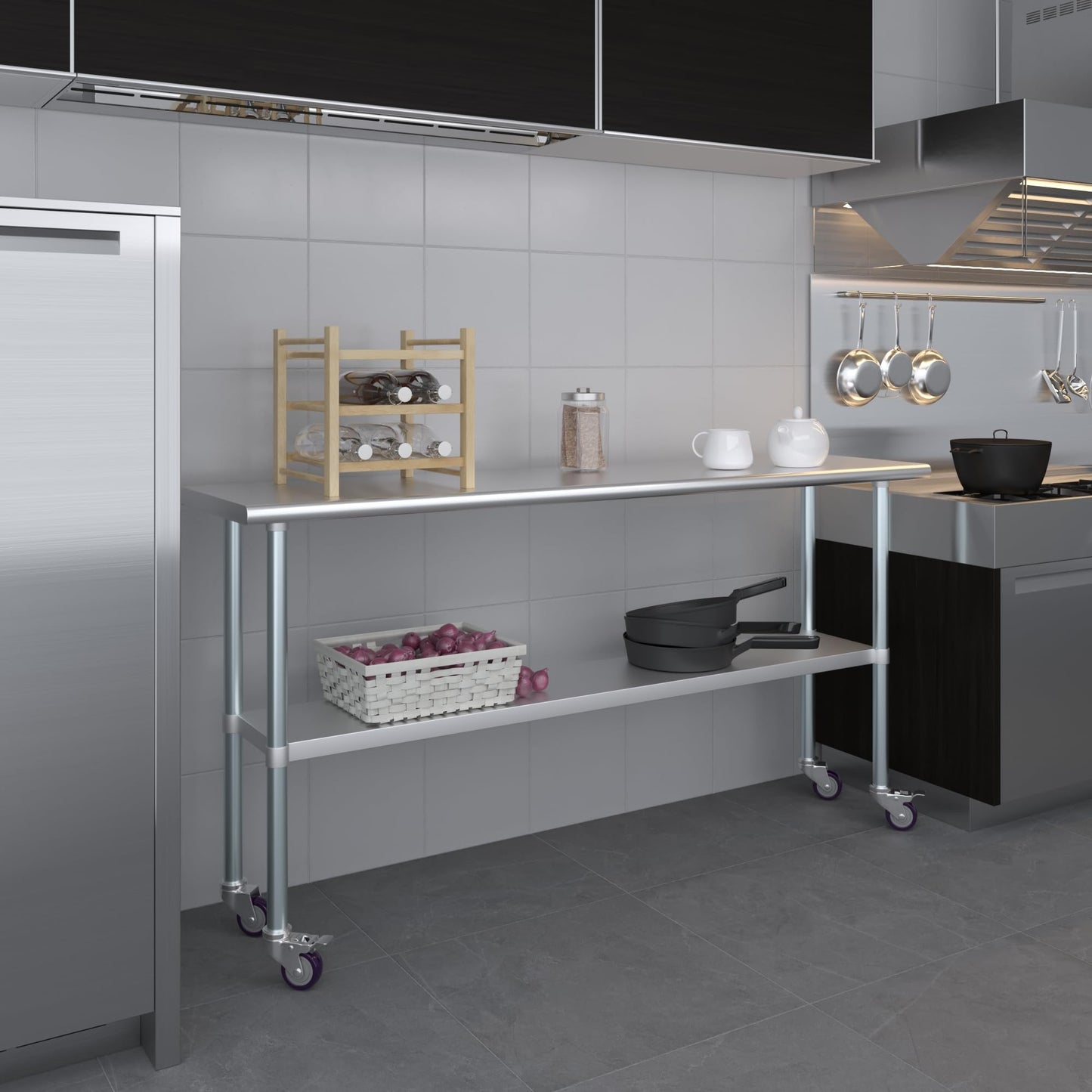 AmGood 18 in. x 72 in. Stainless Steel Work Table with Wheels | Metal Kitchen Food Prep Table | NSF
