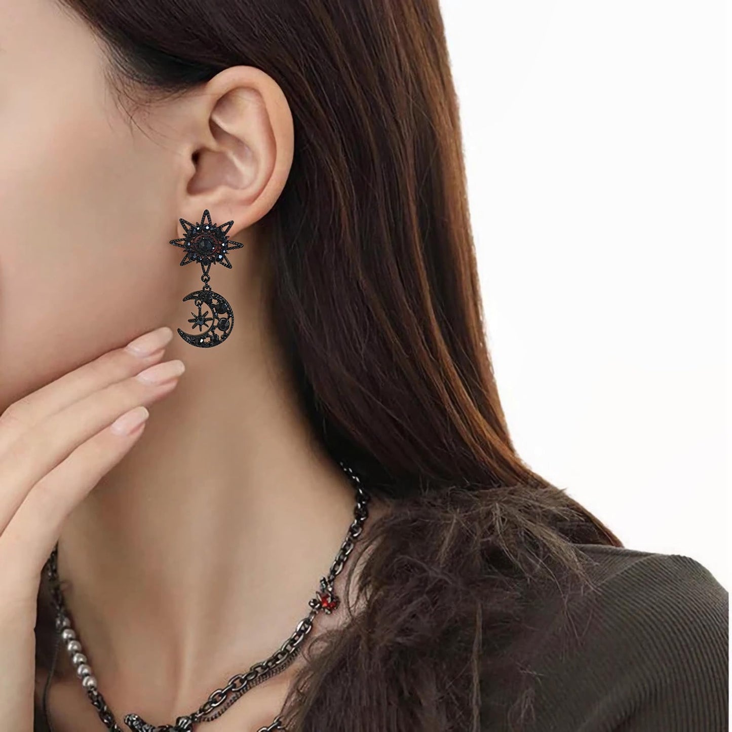 WOWORAMA Gothic Black Moon Earrings for Women Halloween Crescent Moon Star Earrings Vintage Dark Punk Goth Witch Drop Earring Gr
