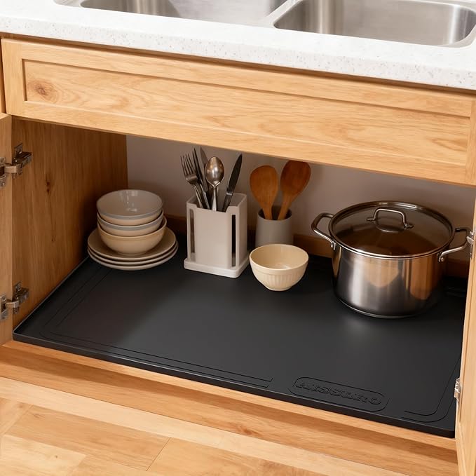 Under Sink Mat 25" X 19", Waterproof Silicone Under Sink Mats for Kitchen, Anti-Leak Shelf Liner & Cabinet Protector with Raised Edge, [BPA Free] Bathroom Tray Home Organizer, Black