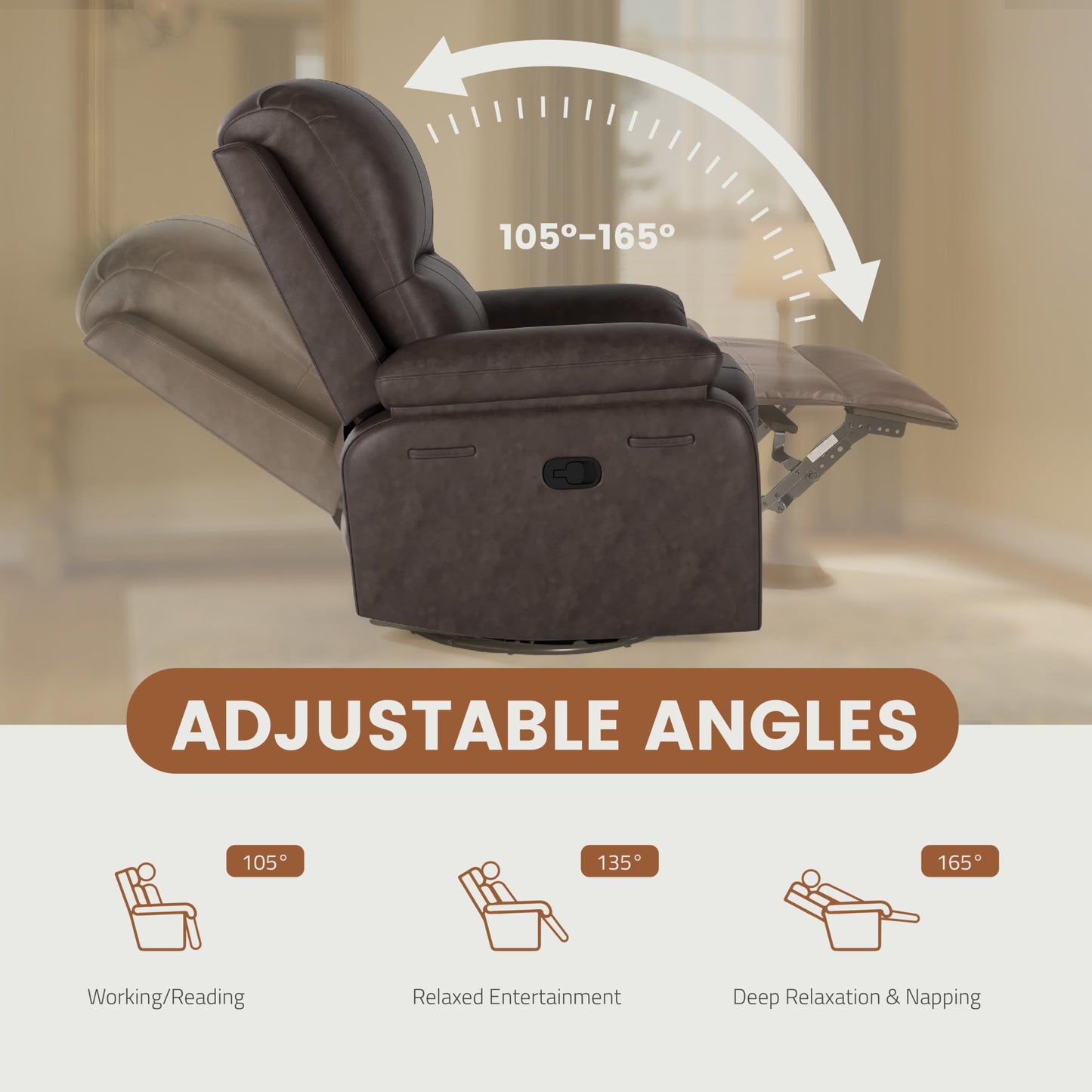 Attalee Leather Swivel Rocker Recliner Chair Set of 2, Traditional Manual Chair, Upholstered Nursery Glider Rocking Recliner, Faux Leather Single Sofa with Pocket Spring for Living Room, Dark Brown