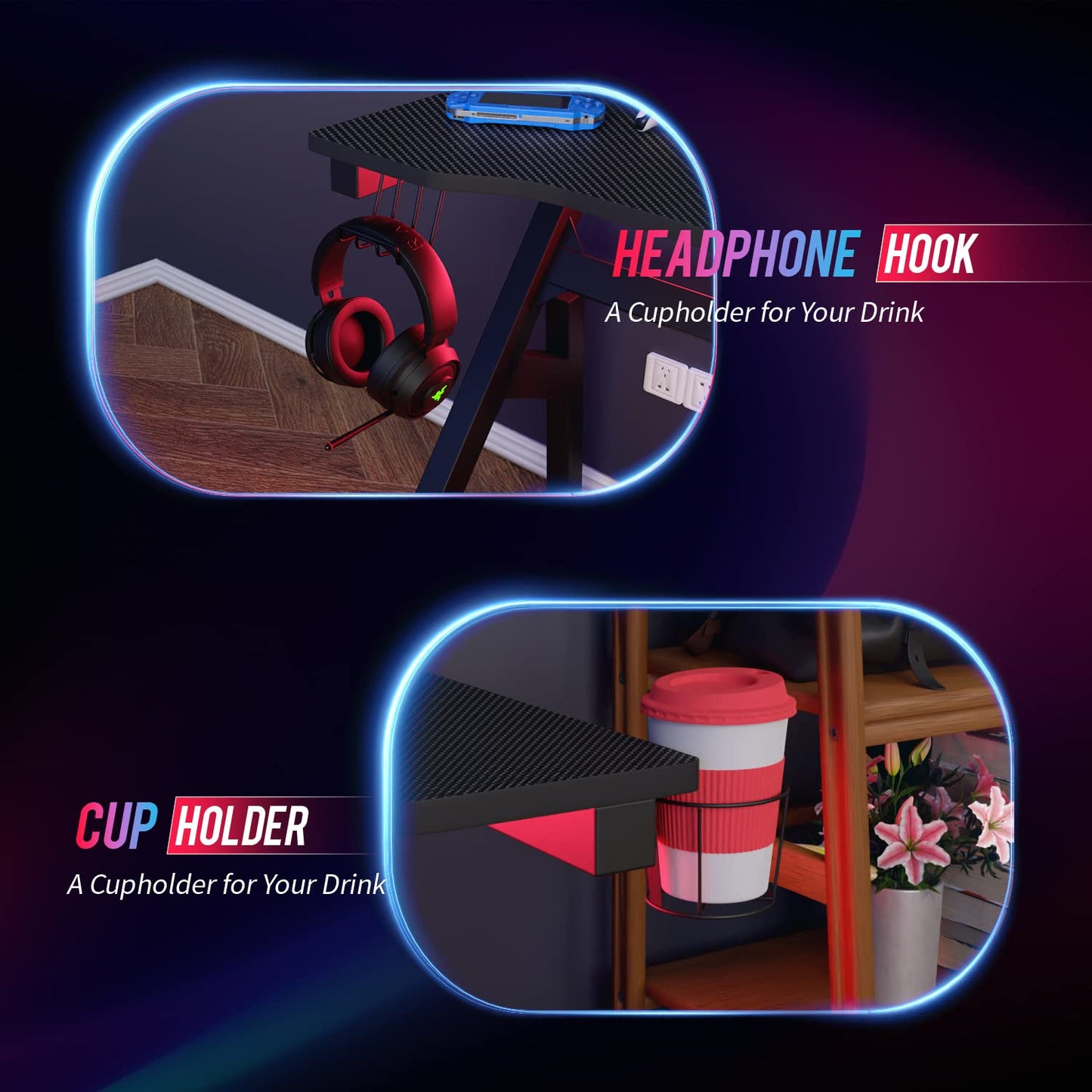 BestOffice | 47" Gaming Desk | Red | Carbon Fiber Textured Computer Desk | Sturdy Steel Frame, Cup Holder, Headphone Hook, Cable Management Holes, Adjustable Leg Pads | for Gamers, Home, Office