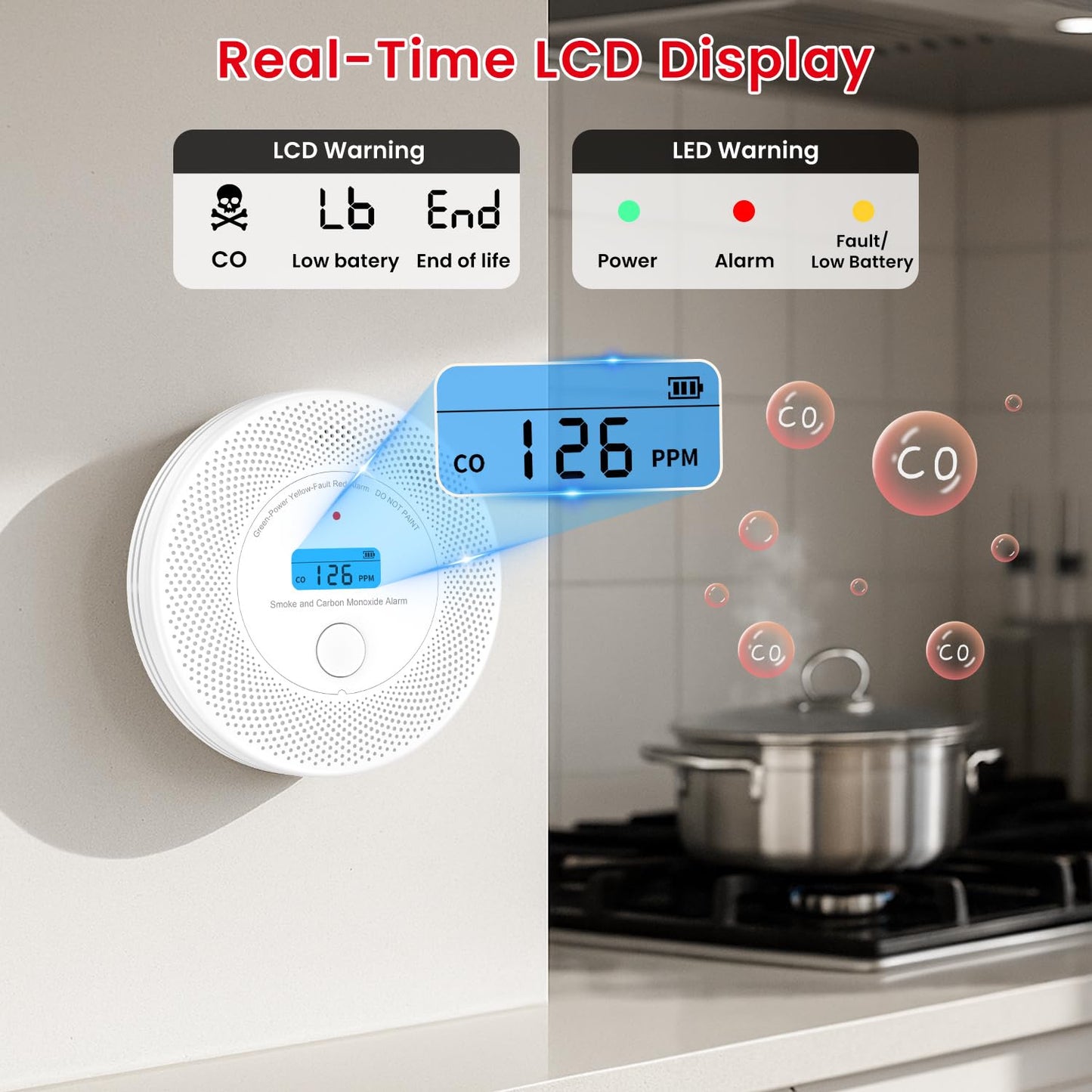 Alertlink 2-in-1 Smoke and Carbon Monoxide Detector Alarm, with Voice Alert,10-Year Battery Fire & CO Alarm with Large LCD Display, Easy Install with Adhesive or Screws
