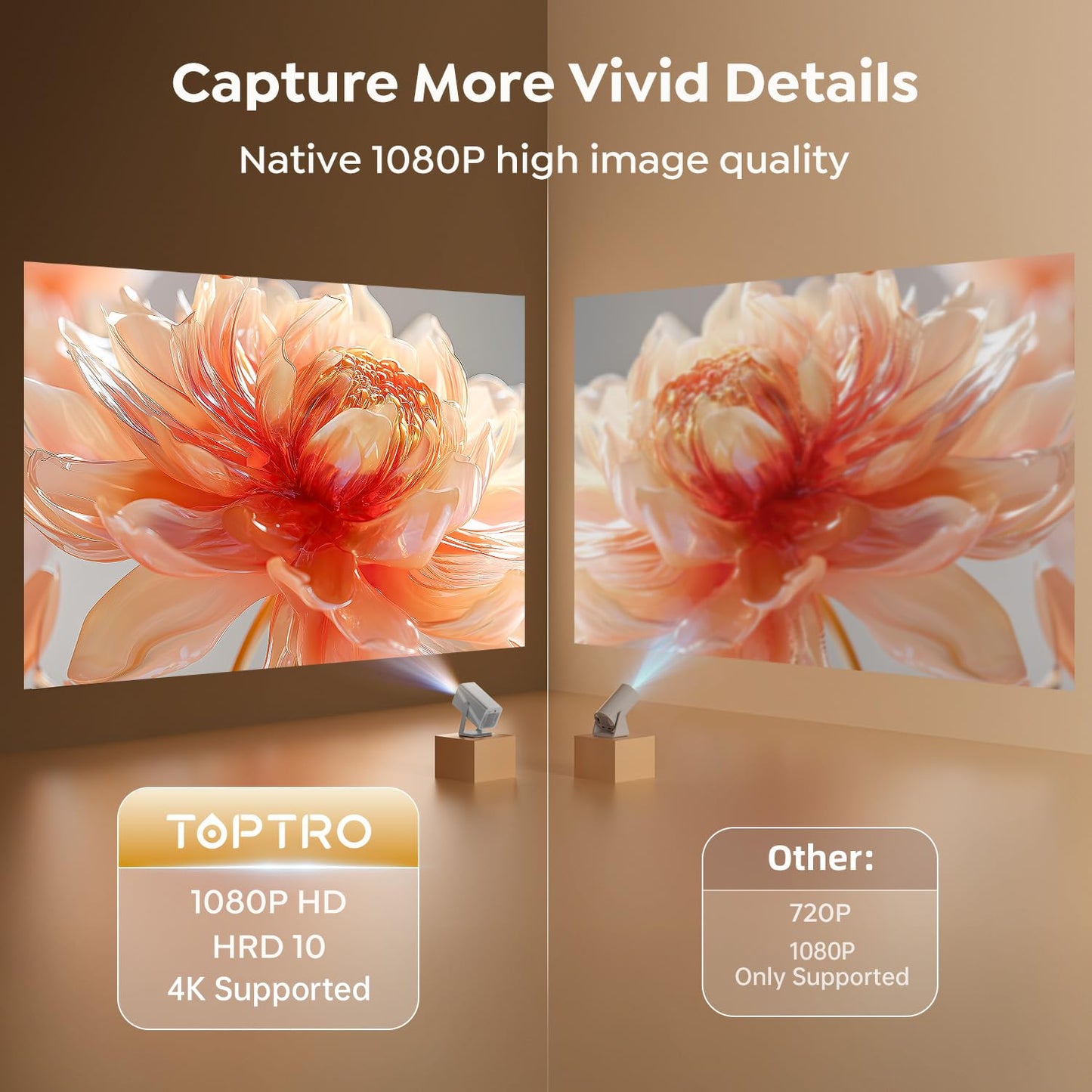 Smart Projector [Built-in Apps/4K Support/2026 Upgraded] with WiFi and Bluetooth, Native 1080P Outdoor Movie Projector, Auto Focus, Dolby Audio, TOPTRO Mini Portable Proyector w/ YouTube/Prime Video