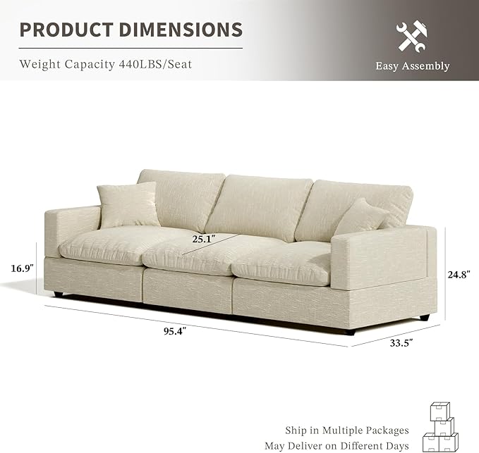 Modular Sectional Sofa Cloud Couch for Living Room, Modern Minimalist Comfy Deep Sofa Couches, Upholstered Couch with Removable & Washable Cushion Covers, Wide Armrest, Filled with Down and Cotton