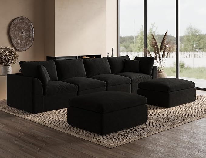 ohllob 140" U Shaped Couch, Cloud Sectional Couches for Living Room, Boneless Couch with Ottoman, Oversized 4 Seater Modular Sectional Sofa, Black