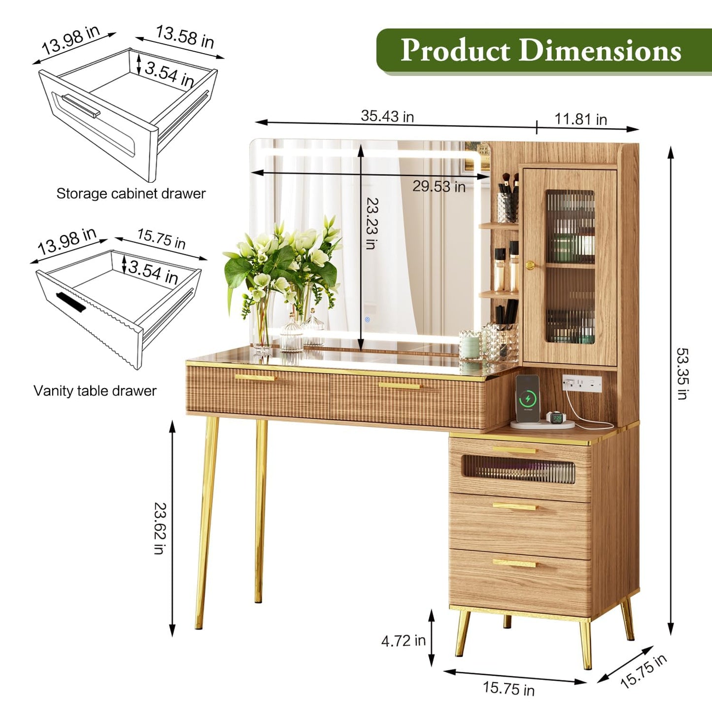 Chrangmay 47.24" Big Modern Vanity Desk with Mirror and Lights,Makeup Vanity Desk with 5 Drawers and Storage Shelves & Power Outlet,Dressing Table with Glass Top, Oak