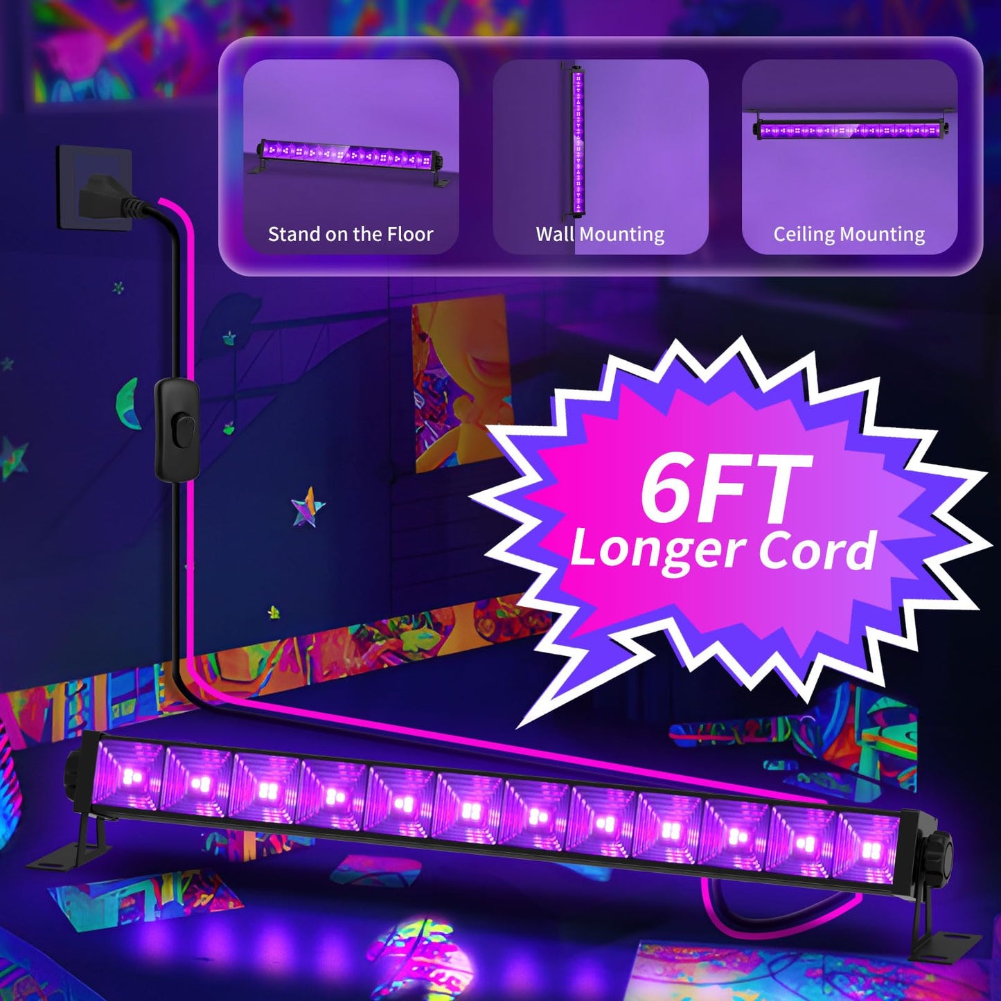 4 Pack 45W Black Light Bar with 6ft Cord+Switch, Each Light Up 25x25ft Area, LED Blacklight Flood Light for Neon Glow Party Body Paint Fluorescent Tapestry Poster Classroom Bedroom Halloween