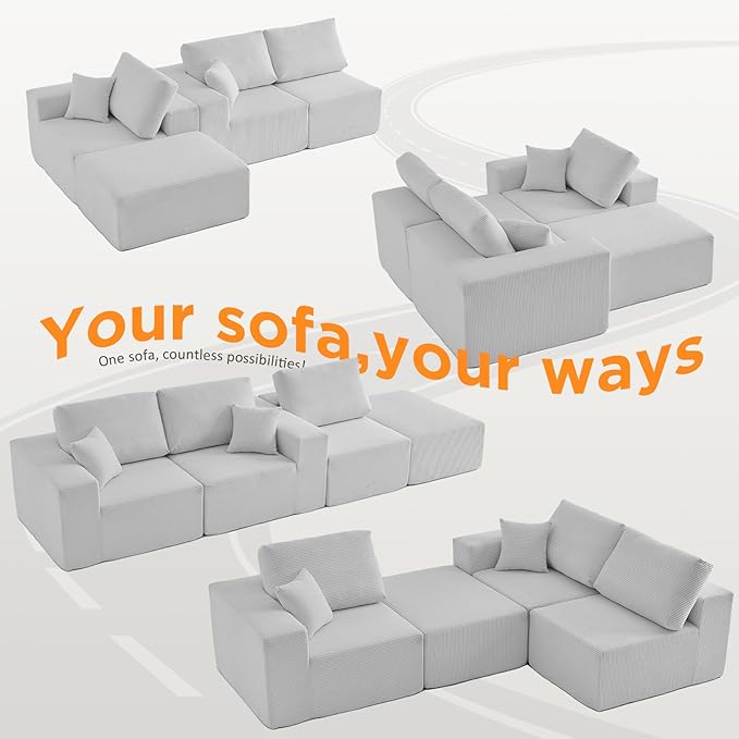 INGEROOM 108" Cloud Sectional Couch with Chaise, Modular L-Shaped Sofa, Deep Seat Comfy Corduroy Memory Foam Couch for Apartments, Dorms or Small Space, No Assembly Required, Gray