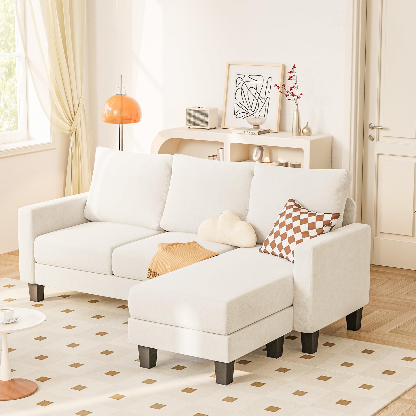 YESHOMY Small Couches for Living Room, Modern Sectional Couch, Comfy Sofa with L-Shaped Chaise, Convertible Sofas with Ottoman and Side Pockets for Small Space, Beige