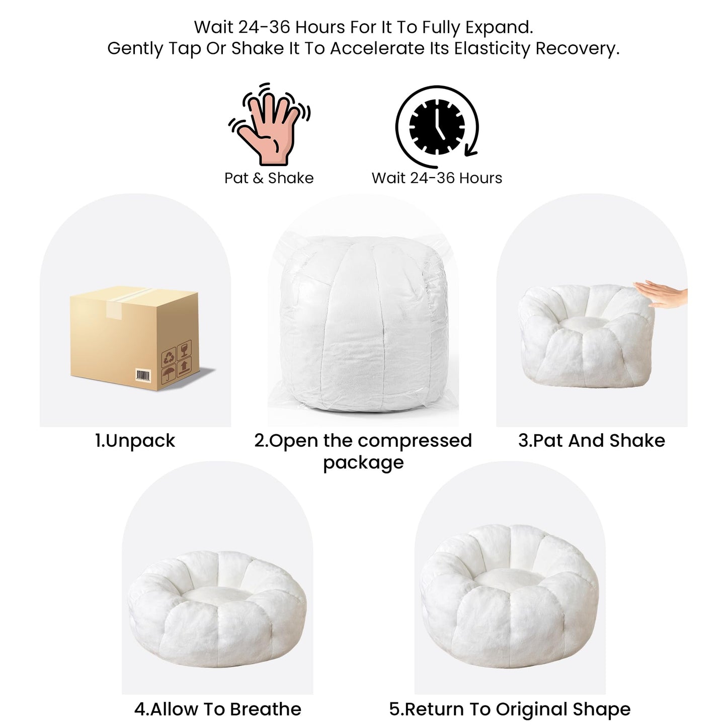 LinkRomat Bean Bag Chairs for Adults, Faux Fur Reading Chair with Petal Arm Rest Fluffy Comfy Chair for Bedroom, Living Room, Dorm, Game - White, Large, Low Support