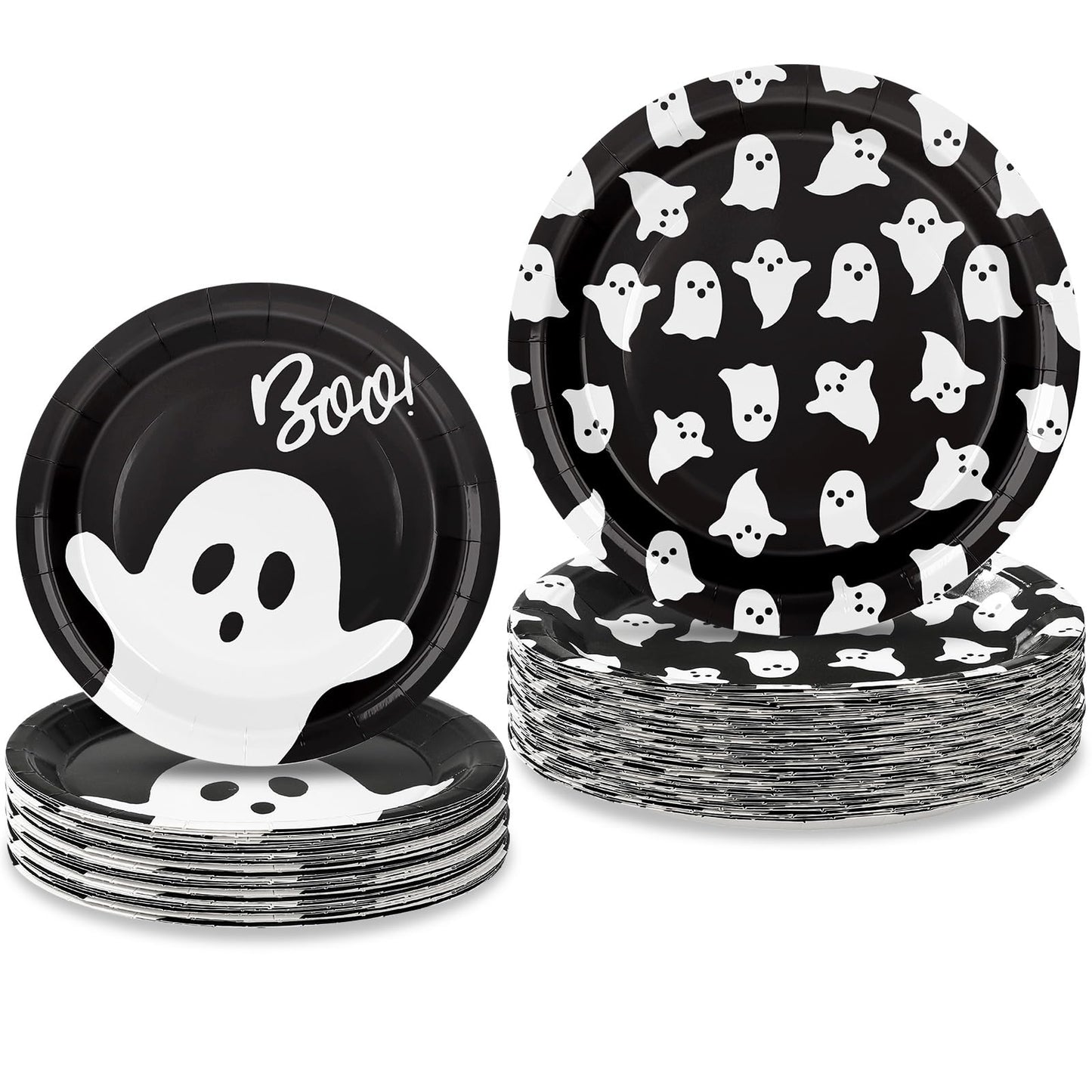 JarThenaAMCS 48Pcs Halloween Paper Plates Ghost Disposable Plates 9 Inch & 7 Inch Decorative Dinner Plates for Trick or Treat Birthday Party Supplies