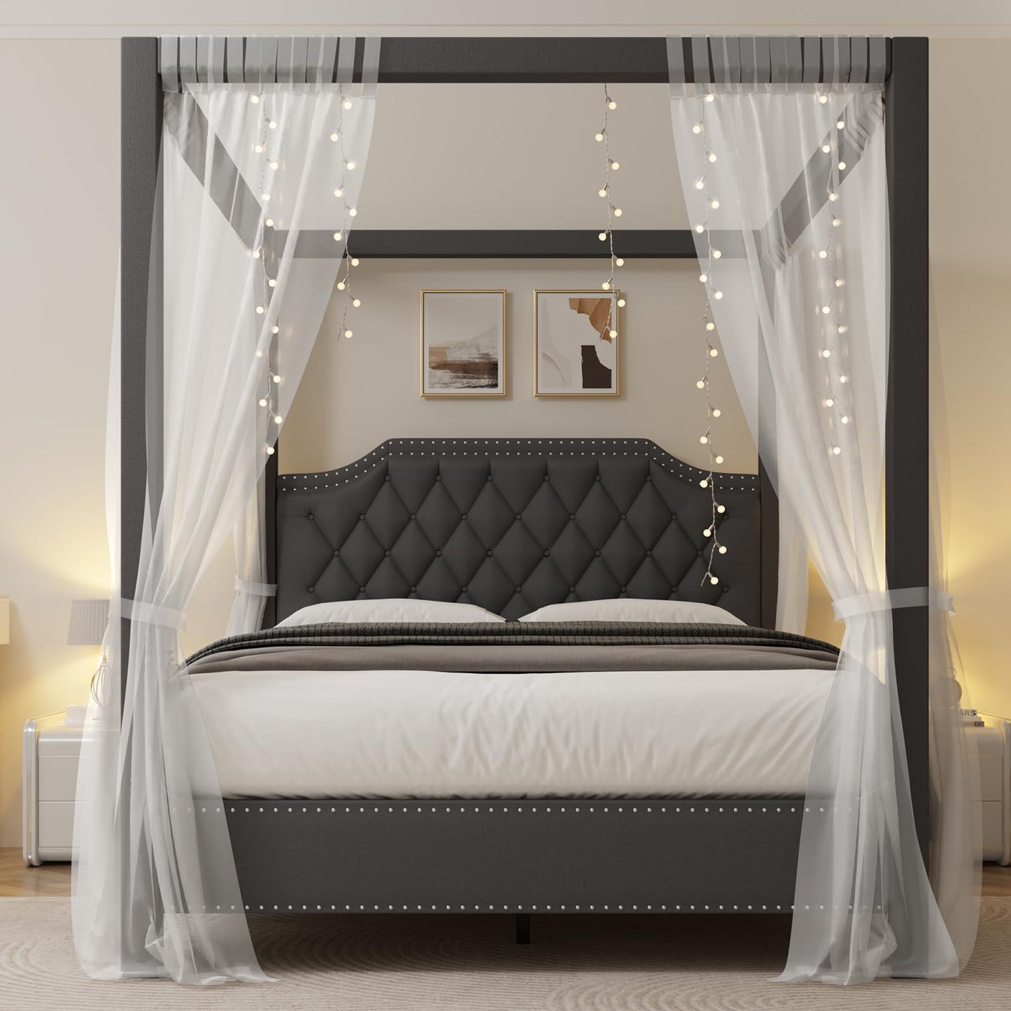 GarveeHome Upholstered Canopy Bed Frame Full Size with headboard, Button Tufted, Nailhead Trim Design, No Box Spring Required, Gray