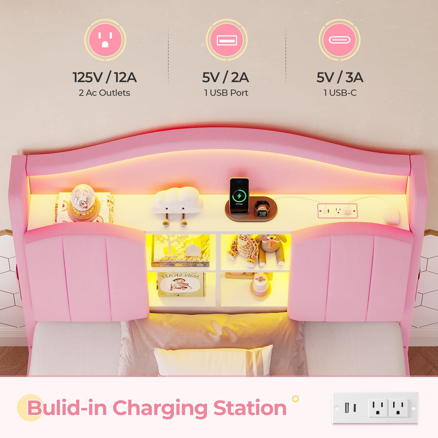 BTHFST Twin Girl Bed with LED Lights & Charging Station, Upholstered Storage Headboard Platform Twin Size Princess Bed Frame, No Box Spring Needed/Noise-Free/Easy Assembly, Pink