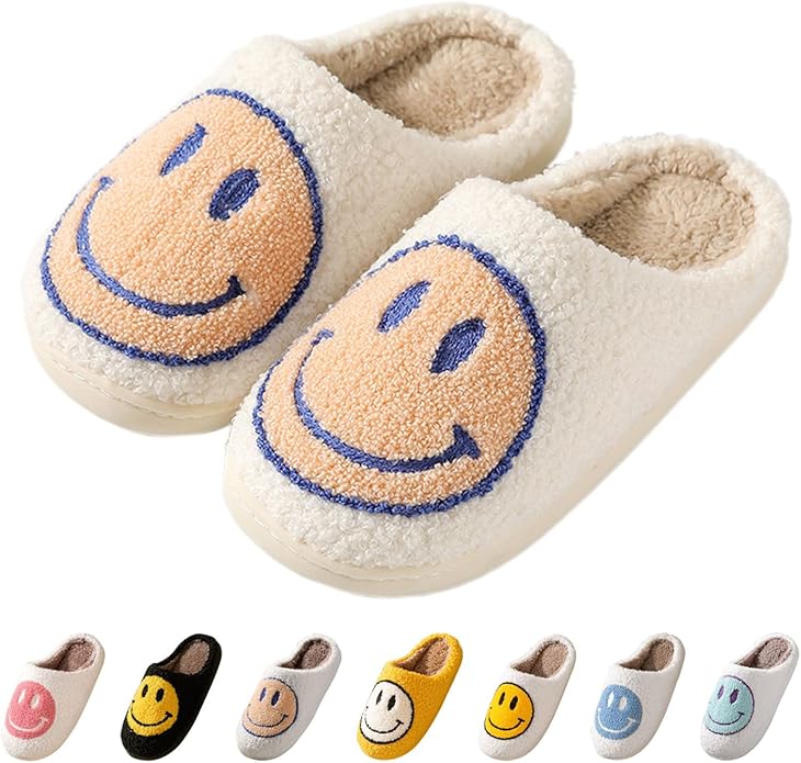 Bevaney Smile Face Slippers for Women - Soft Plush Retro Preppy Slip-on Comfortable Indoor/Outdoor Shoes