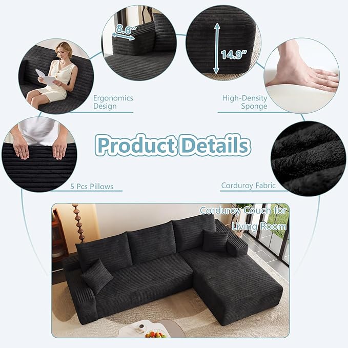 95" Cloud Sectional Couch with L-Shape Chaise, Modern Corduroy Boneless Couch for Living Room,Memory Foam Sofa with Deep Seat,No Assembly Required (Black,Right-Facing Chaise)