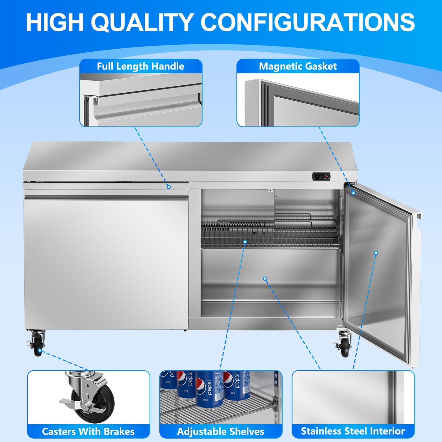 Rockitch 60" W Commercial Undercounter Refrigerator, 14.1 Cu.ft Stainless Steel Worktop Under Counter Fridge, Commercial Refrigerated Food Prep Table with 3 Door for Restaurant, Bar, Shop, etc.