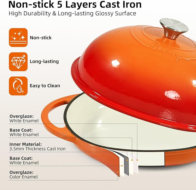 Davivy 6QT Oval Bread Oven with Domed Lid, Enameled Oval Dutch Oven Pot for Sourdough Bread Baking 6QT, Non-stick Cast Iron Sourdough Pan Bread Cloche with Lid - Flame Orange