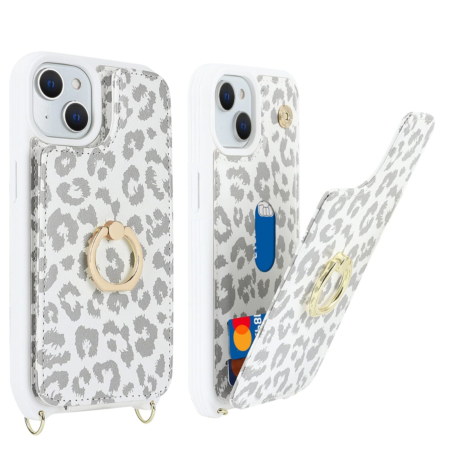Lipvina For Iphone 14 Plus Case With Card Holder And Strap For Women,Crossbody Lanyard,Stand Ring Kickstand,Snap Clasp,Cute Phon