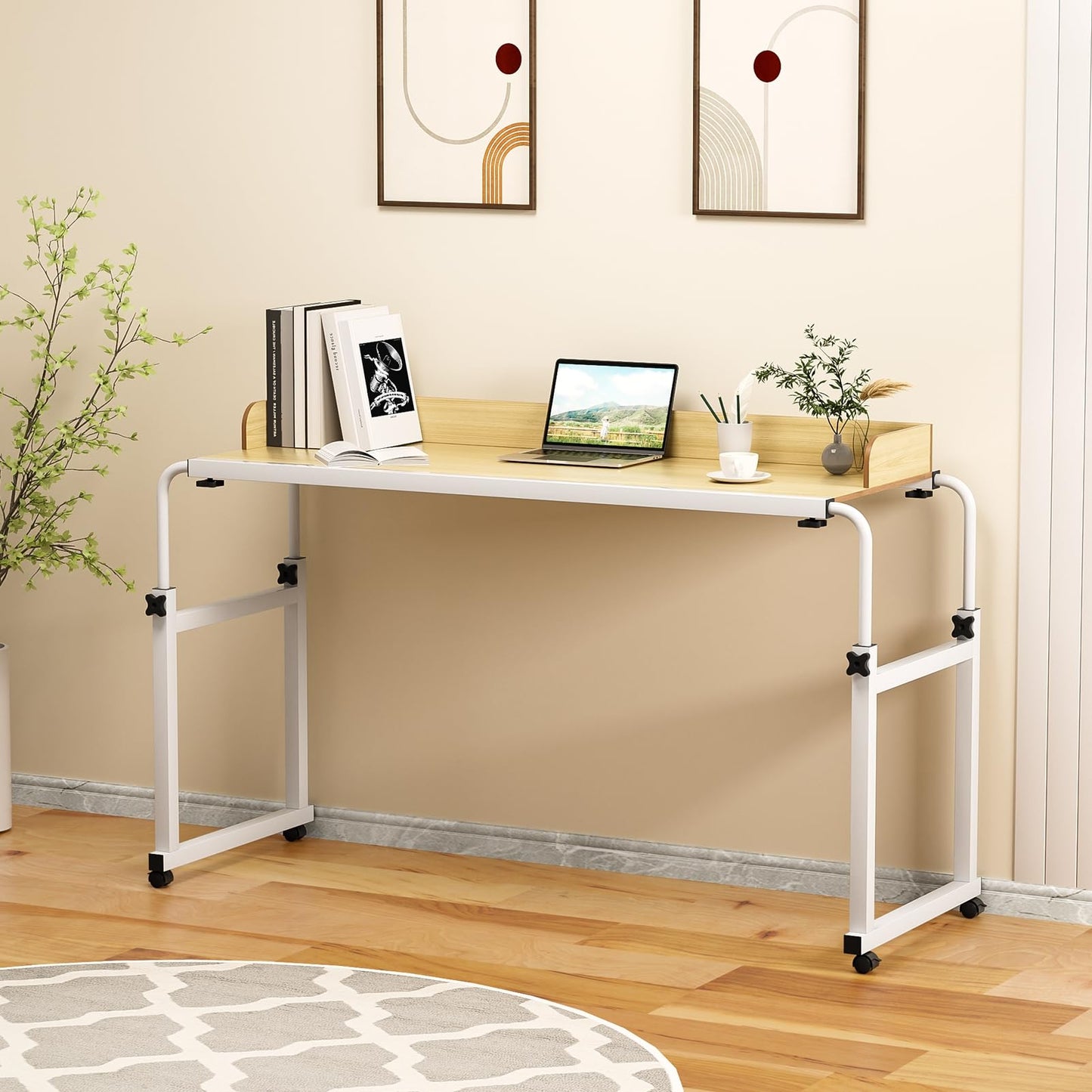 gihusrzx Overbed Table with Wheels, Adjustable Overbed Desk, Laptop Desk, Matte Black, 140x50cm, Suitable for within 230CM Bed