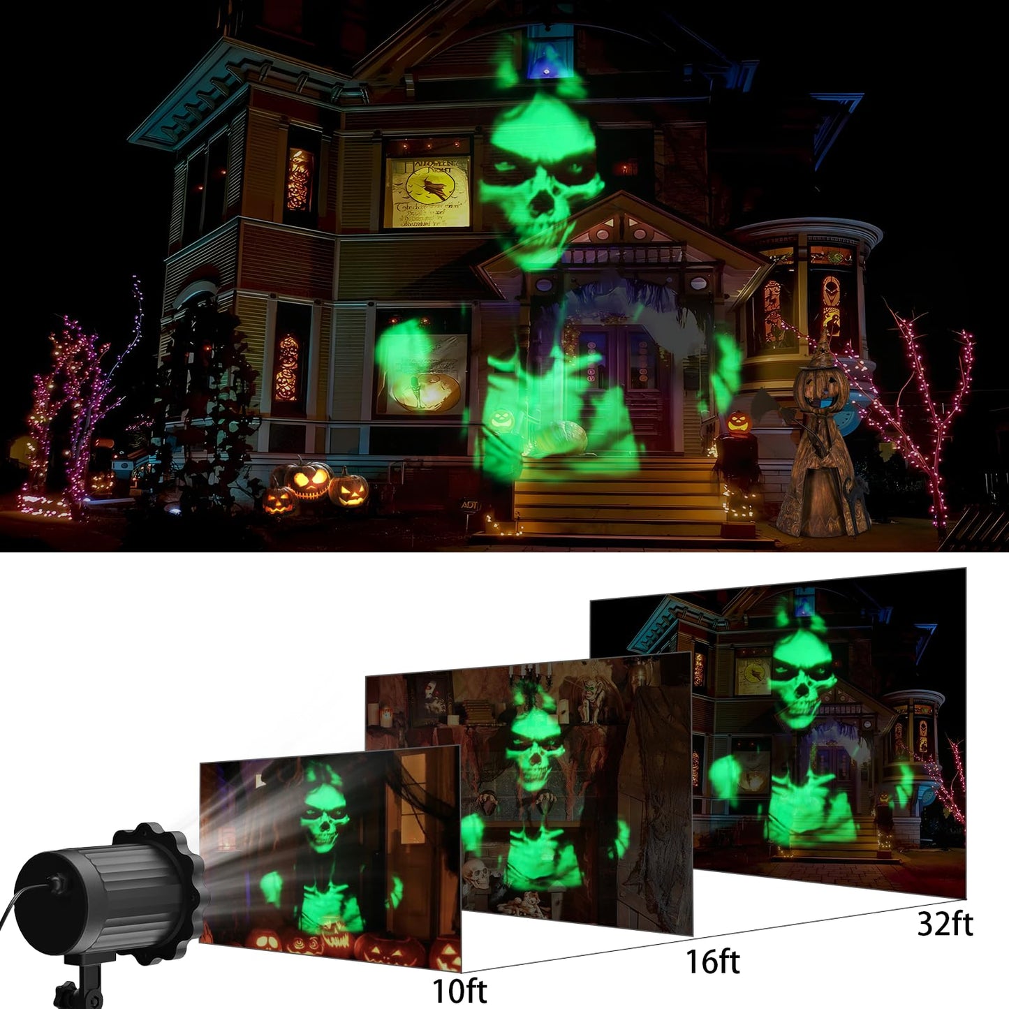 Halloween Projector Lights Outdoor,2025 Upgraded 3D Dynamic Skull Ghost Decorations Light,Clearer Skull HD Patterns,Night Light for Home Window Wall Halloween Decor