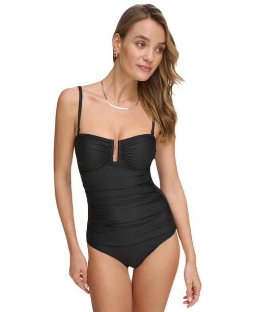DKNY Women's U-Wire Bandeau One Piece Swimsuit with Tummy Control, Black, Medium